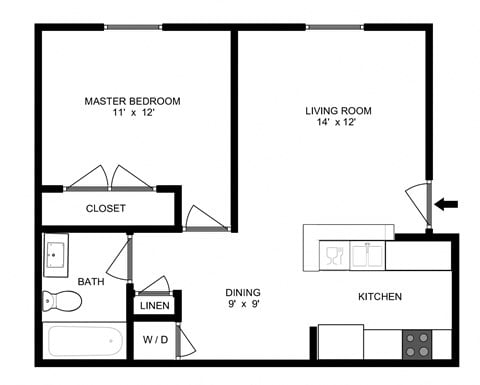 Floor plan for 1 bed, 1 bath, 626 sqft